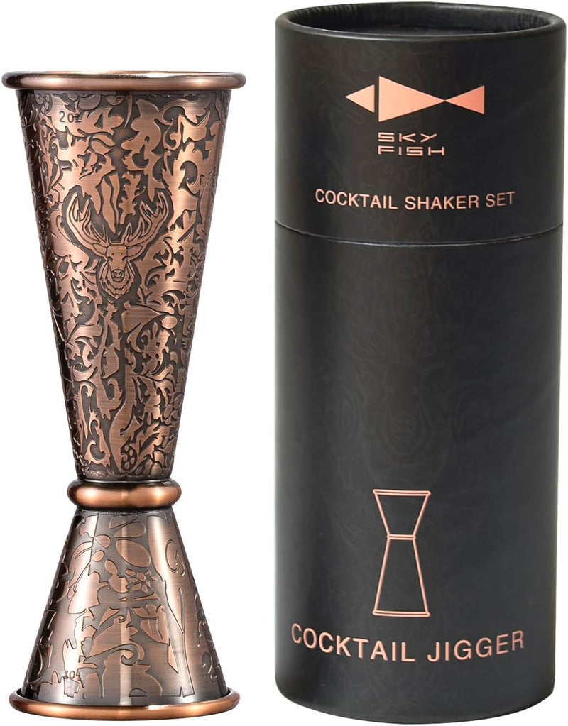 Skyfish 3D Relief Cocktail Double Japanese Jigger 1/2oz, 3/4oz, 1oz, 1 1/2Oz, and 2oz,Reindeer Deer Head Pattern， Stainless Steel Measuring Jigger Copper Plated - Image 1